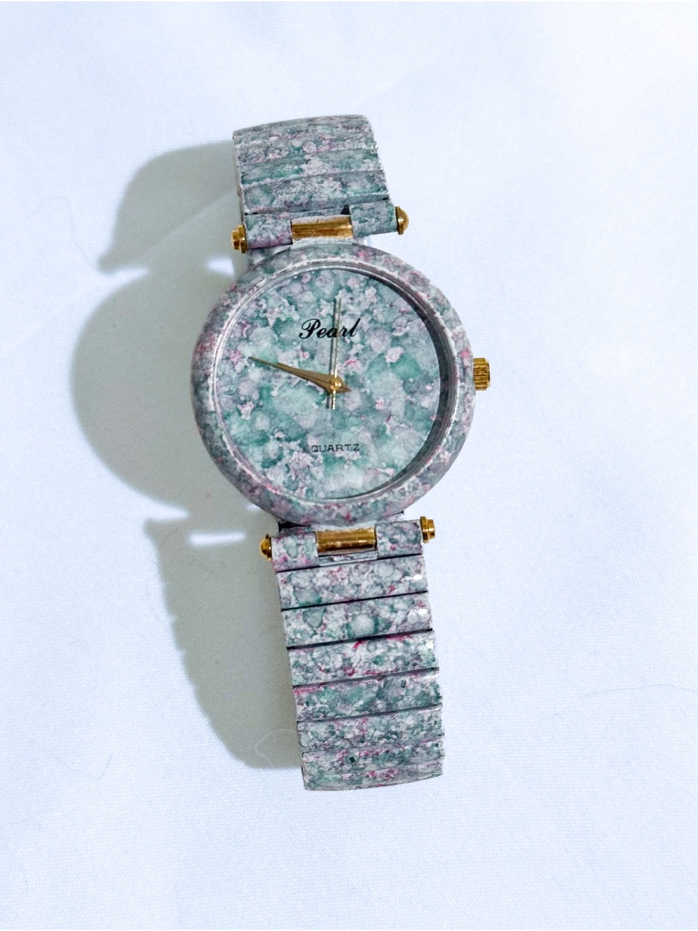 Pearl Green and Pink Marble-Pattern Women's Watch with Gold Accents